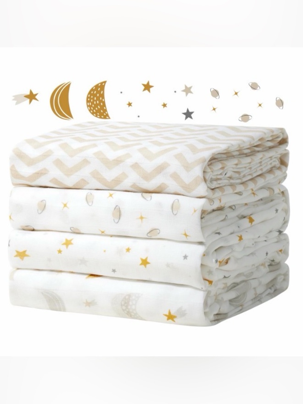 NIB - Momcozy Muslin Swaddle Blankets, 4-Pack, Large 47"x47", Stellar Orbit